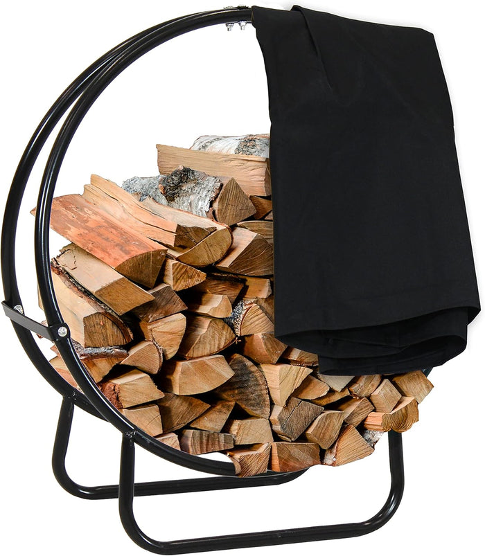 Sunnydaze Outdoor Firewood Rack with Cover, Heavy-Duty Steel, 24” Diameter