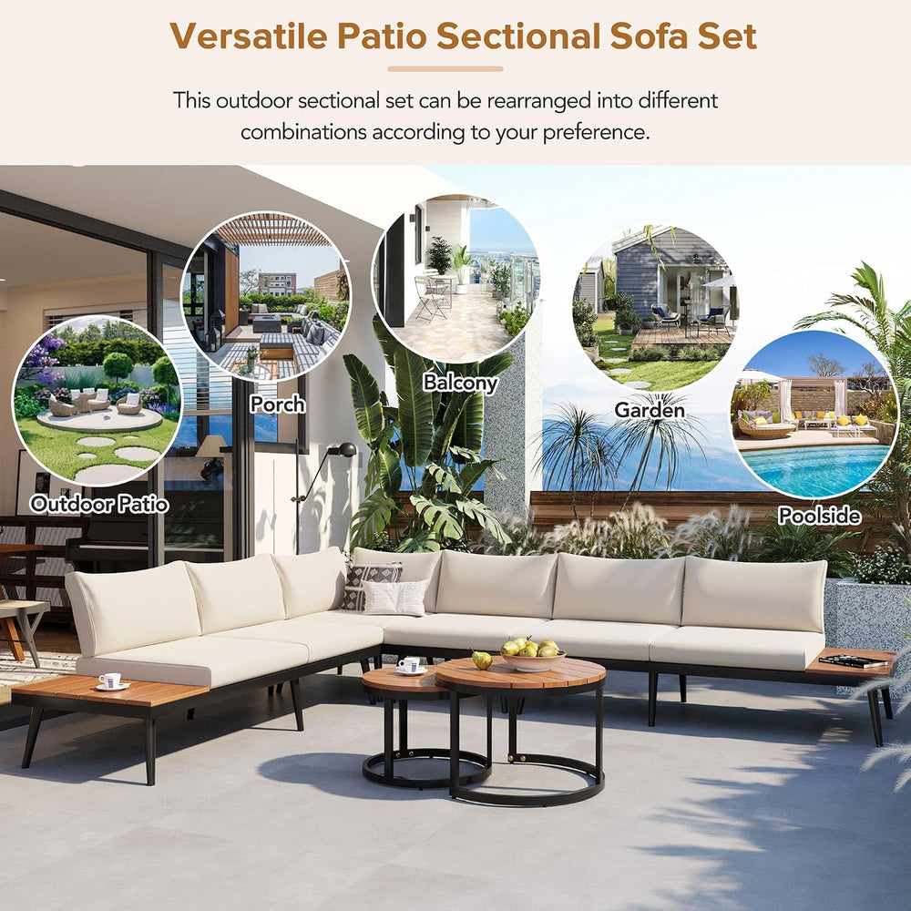Modern Outdoor Sectional Sofa Set with Round Nesting Coffee Tables and Cushio...