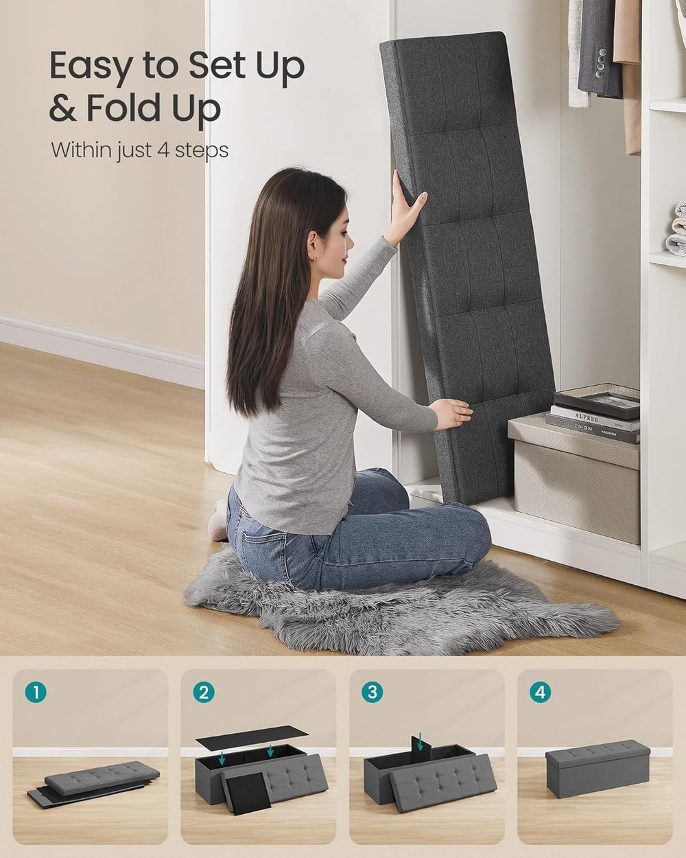 SONGMICS 43.3 Inches Folding Storage Ottoman Bench, Load 660 lb