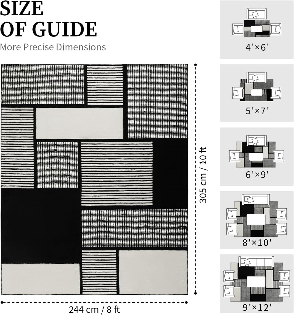 YIHOUSE 8x10 Large Black and White Area Rug, Washable Living Room Carpet
