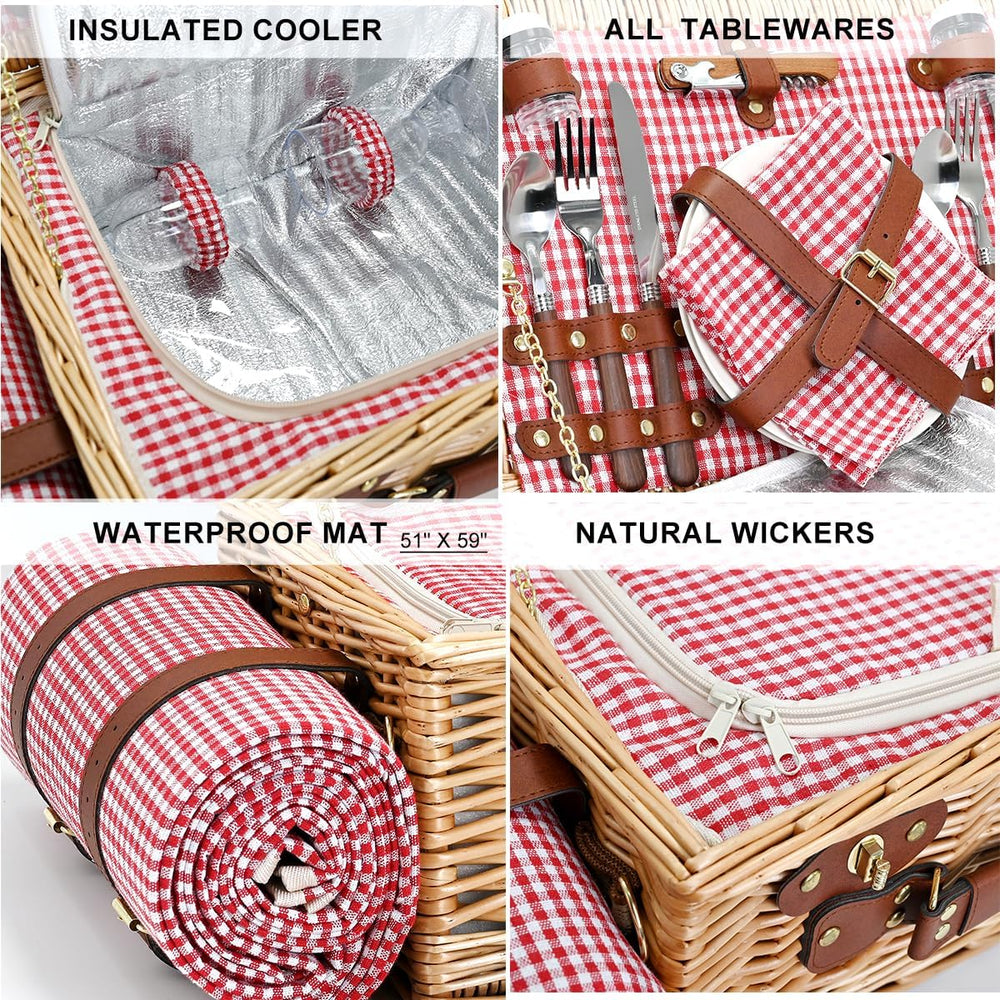 Picnic Basket with Blanket and Wine Pouch for 2, Wicker Picnic Set with Insul...