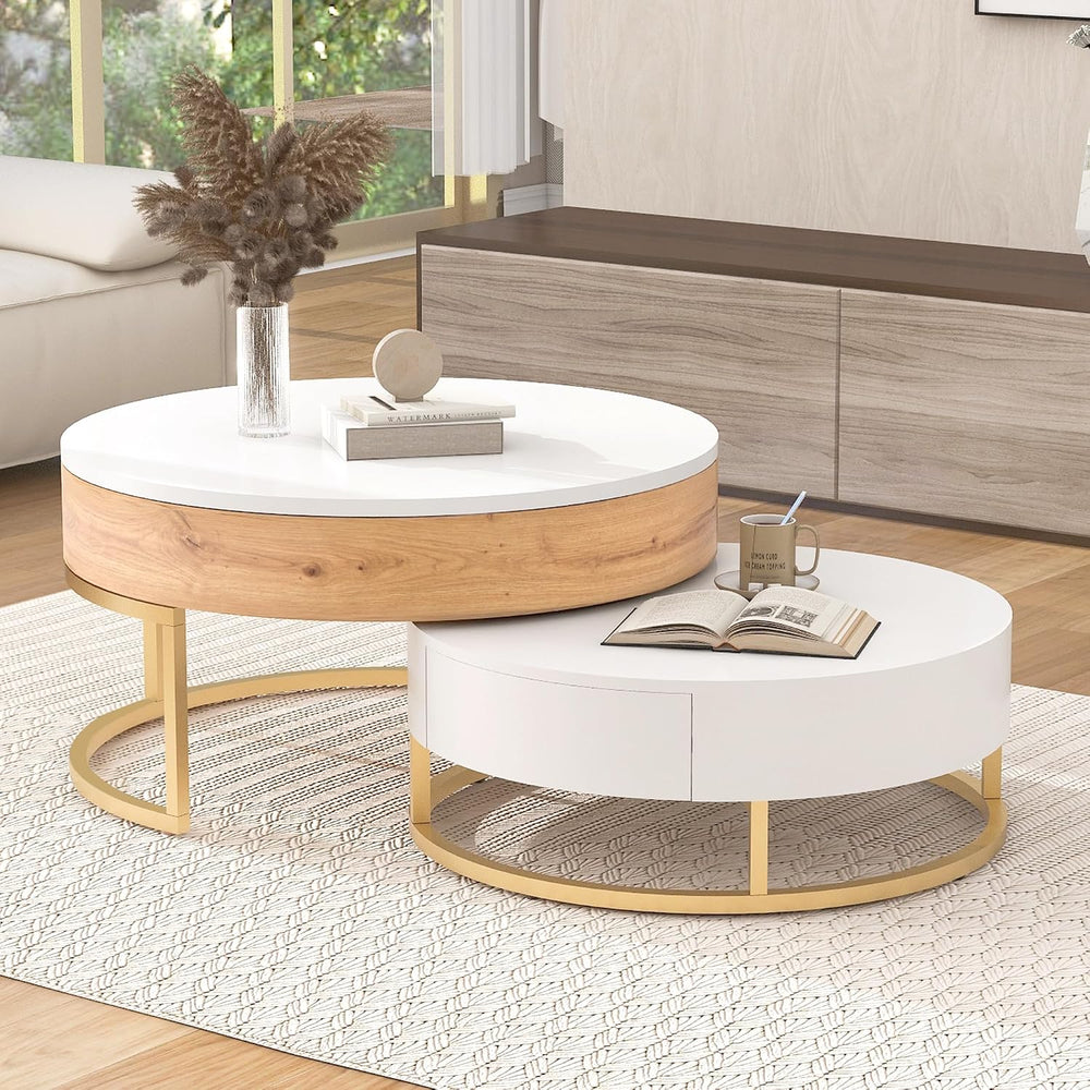 Modern Round Lift-top Nesting Coffee Tables with 2 Drawers for Living Room Wh...