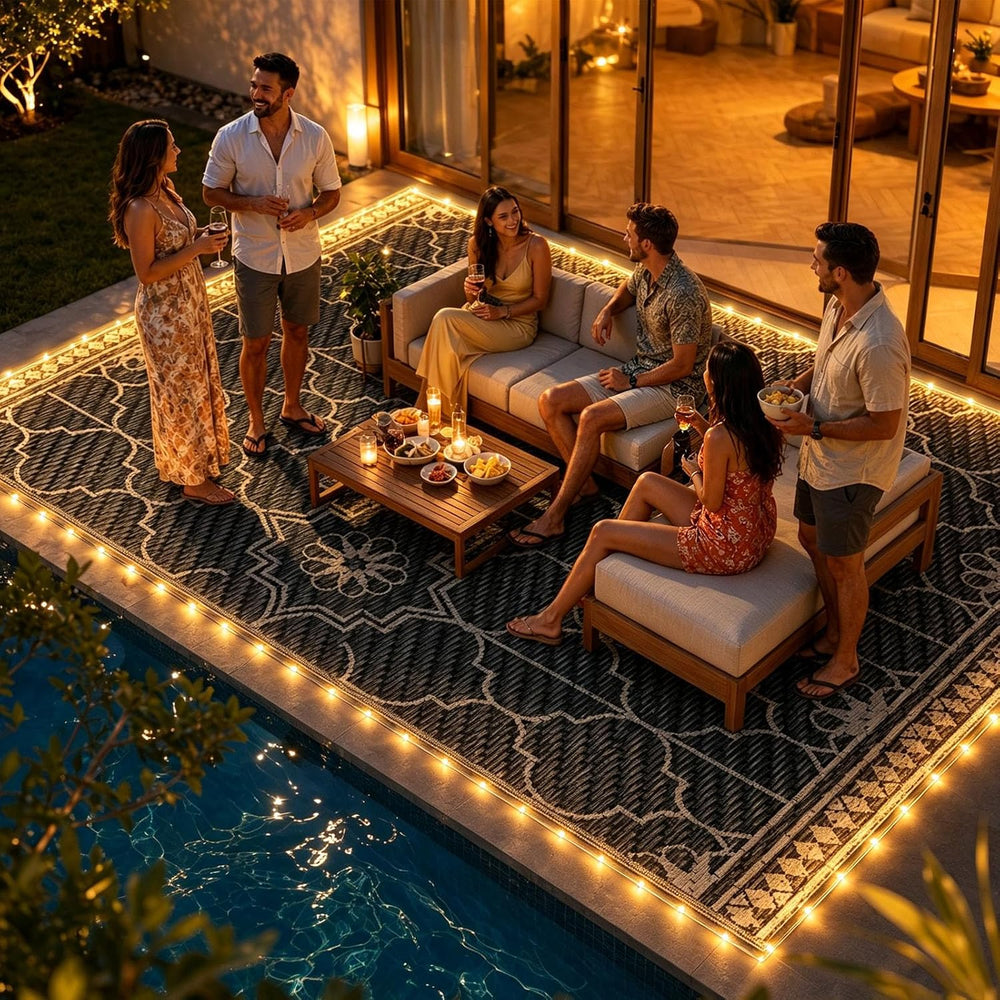 9x12Ft Outdoor Rug, Solar Powered Outdoor Rug with 131LEDs Strip Lights for H...