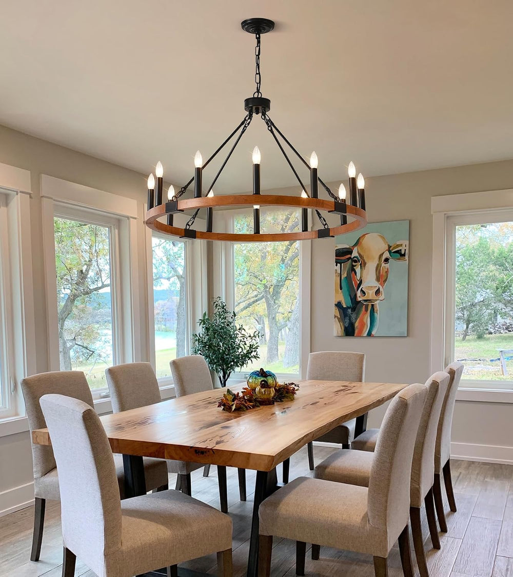 HHR 32" Wood Wagon Wheel Chandelier 12-Light Round Farmhouse Chandelier