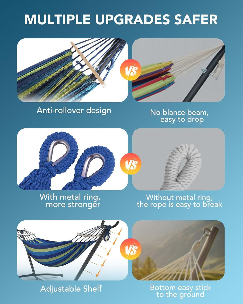 Everyfun Double Hammock with Stand for 2 Person, 600 lb Capacity, Wide Blue