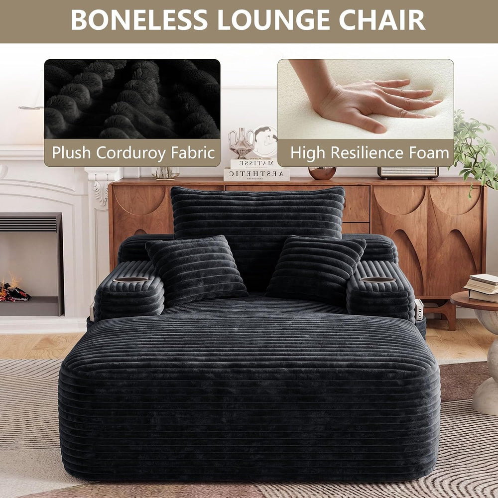 65" Chaise Lounge Chair Indoor with Cup Holders & Side Pocket, Overs...