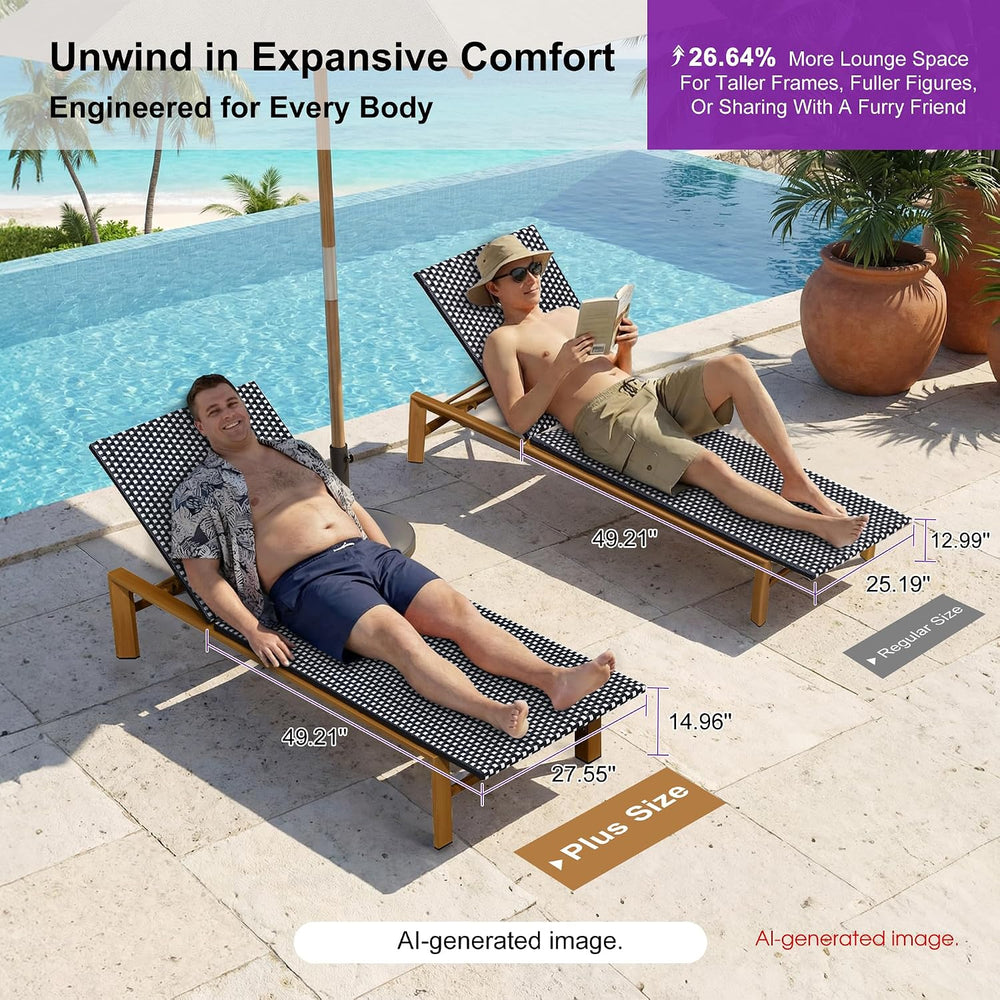 PURPLE LEAF Outdoor Chaise Lounge Extra Wide French Rattan Set of 2, Black