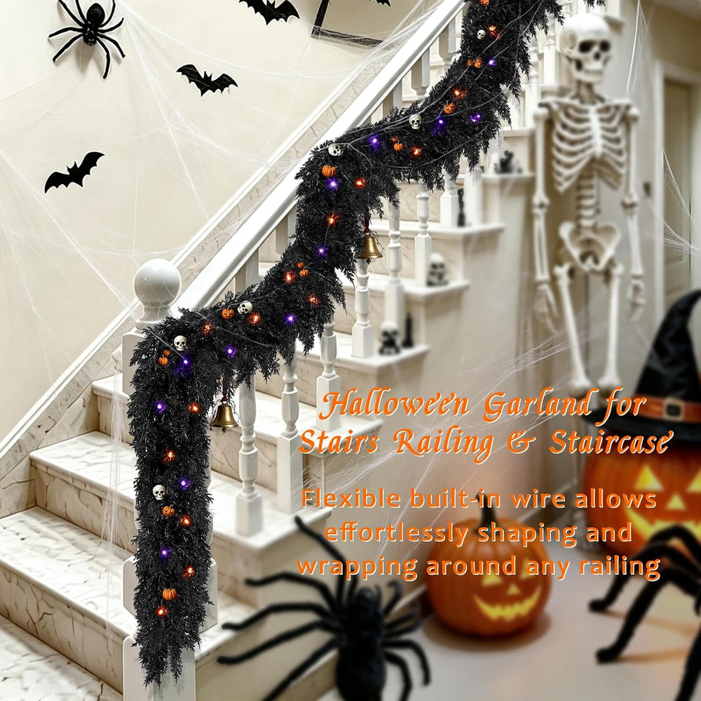 9ft Black Cedar Halloween Garland for Mantle, Soft Touch with Timer Lights
