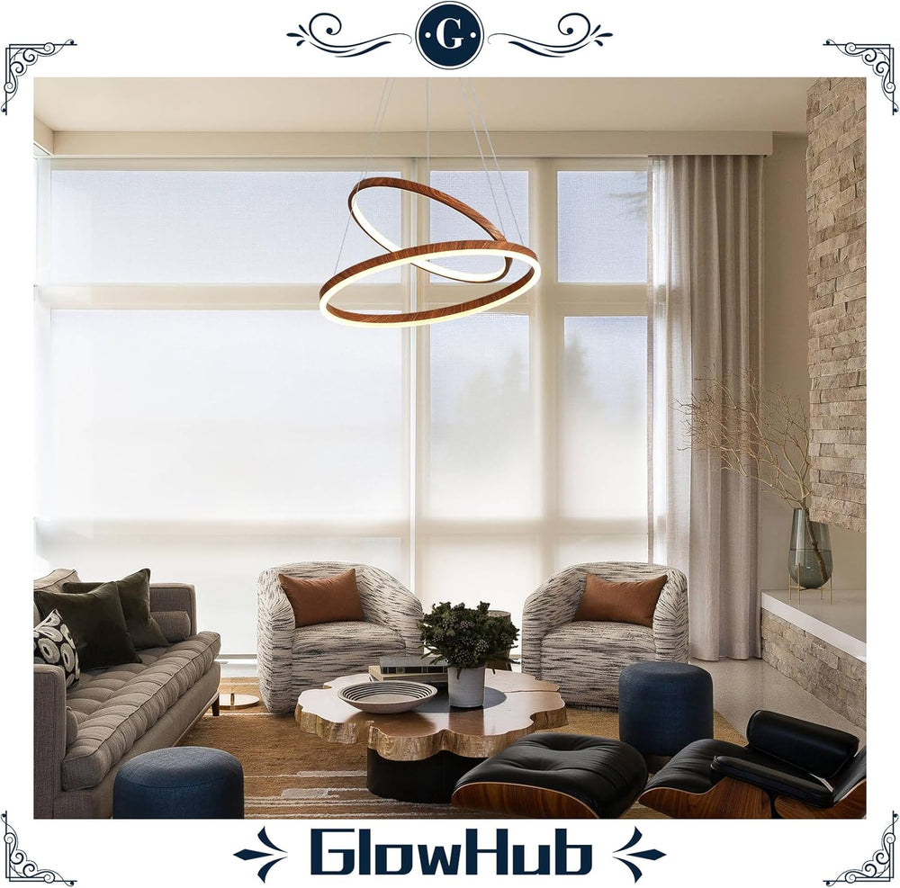 GlowHub Modern LED Chandelier for Dining Room 2 Ring Wood Grain Hanging Light...