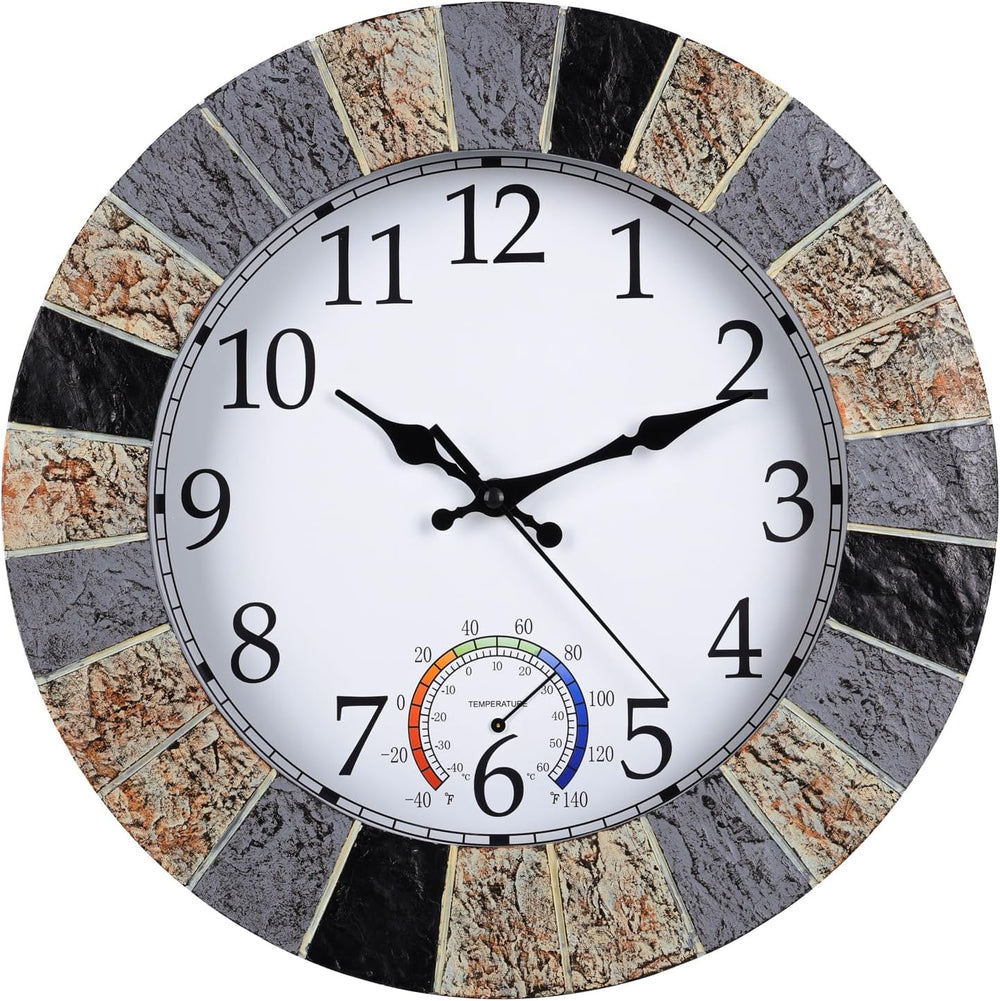 Outdoor Clock Waterproof with Thermometer, 13 Inch Silent Rustic Resin Wall C...