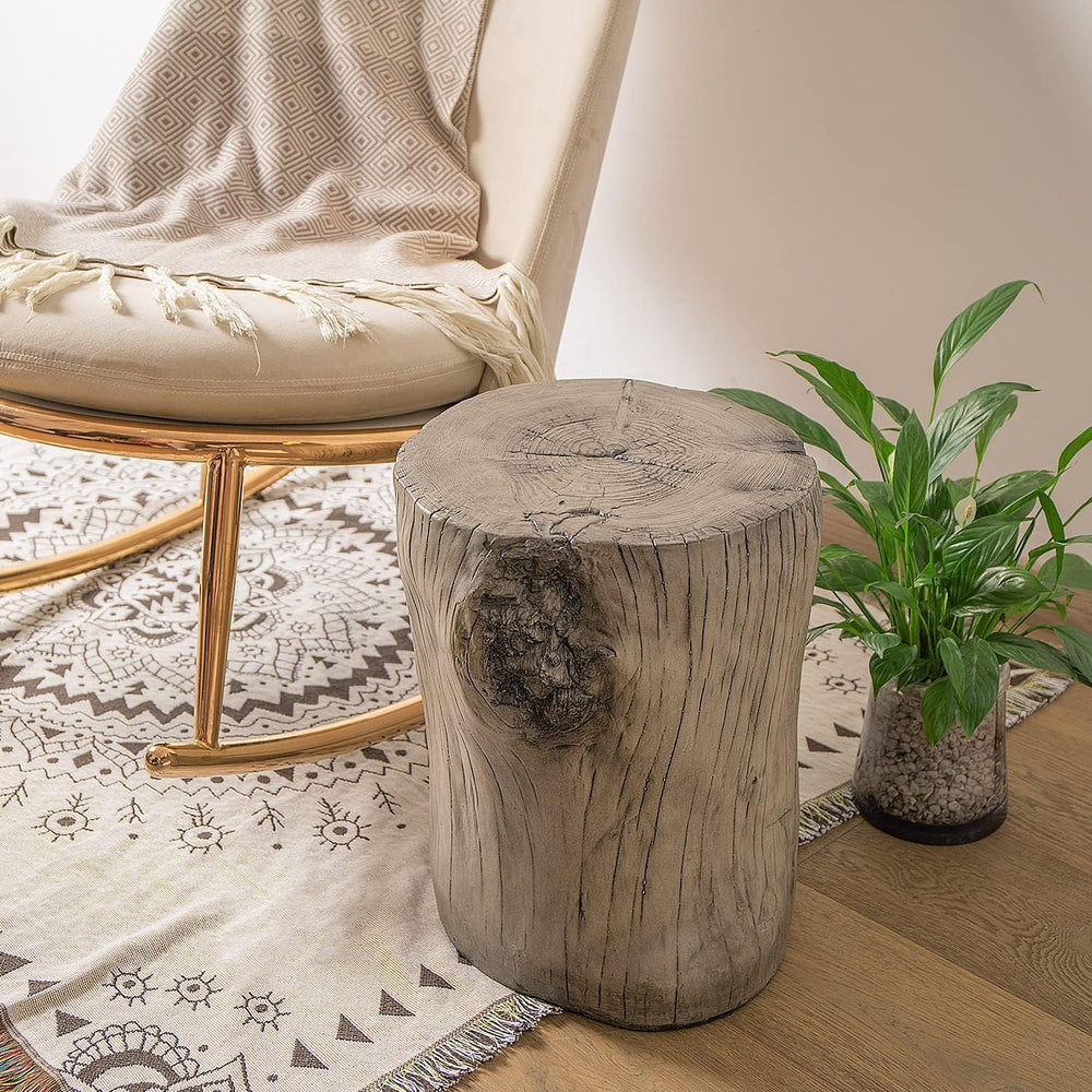 COSIEST Outdoor Antique Gray End Table Faux Wood, Hand-Painted Wood Stump Sto...