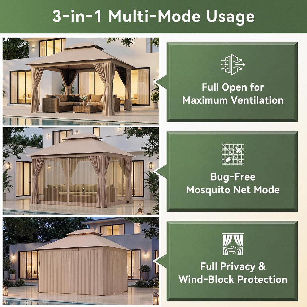 Aoxun 12'x10' Outdoor Gazebo with Curtain & Mosquito Netting, Beige