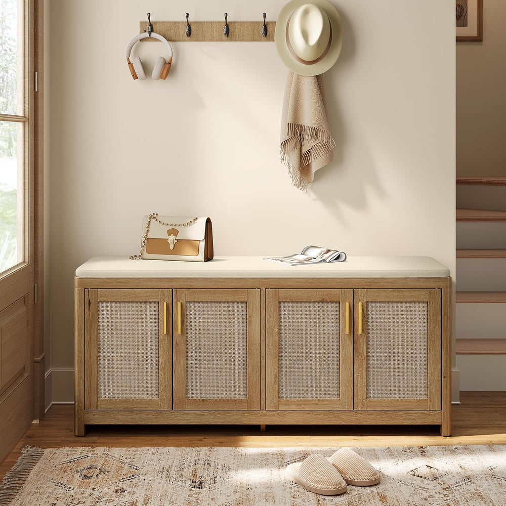 VASAGLE Boho Shoe Bench with Cushion, 4 Rattan-Look Cabinet Doors