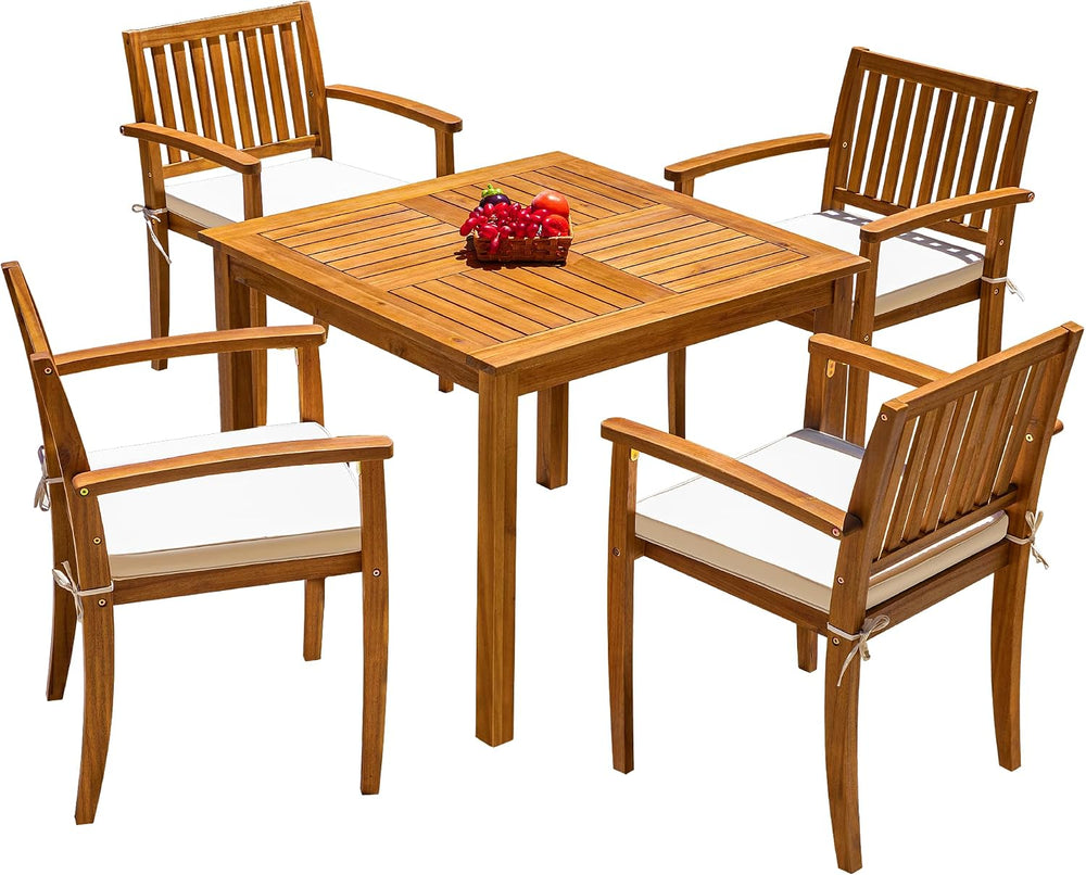 Flamaker 5 Pieces Outdoor Dining Set Acacia Wood Outdoor Table and Chairs