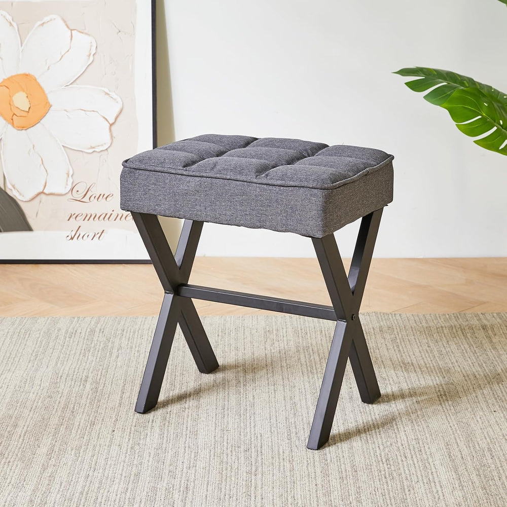 IBUYKE Square Makeup Stool with X-Leg, Linen Vanity Chair, Dark Gray LG-70G