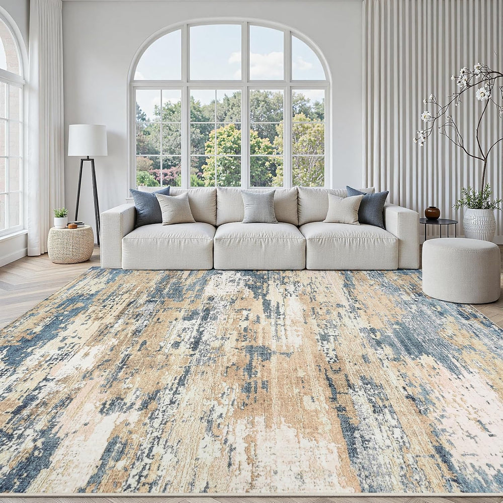 8x10 Area Rugs for Living Room Large Washable Abstract Rug Room Brown/Blue