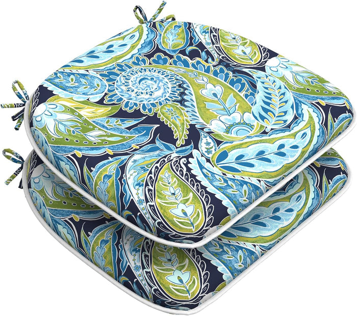 DYTXIII Set of 2 Outdoor Chair Cushions with Ties,Water Repellent Patio Chair Pads 17"x 16" for Outdoor Furniture,Round Corner Seat Cushions for Garden Yard Kitchen Paisley Lapis Green