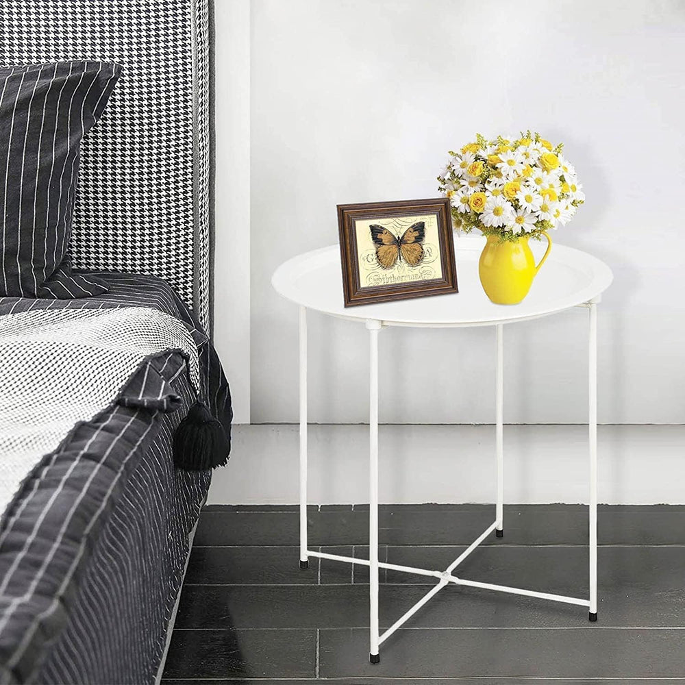 Garden 4 you End Table Metal Side Table Round Folding Tray Cyan Sofa Small Ac...