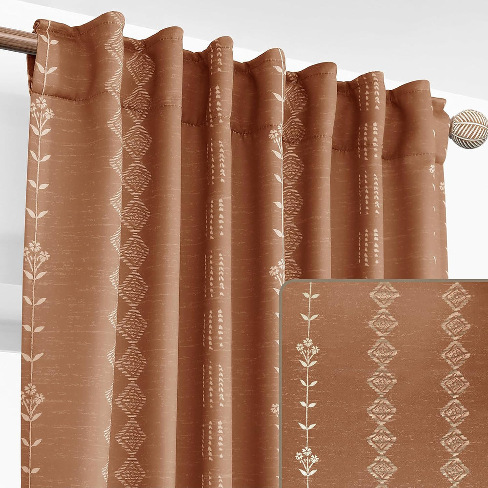 Vintage Floral Blackout Curtains 96 Inch Long, Burnt Orange Mid Century Moder...