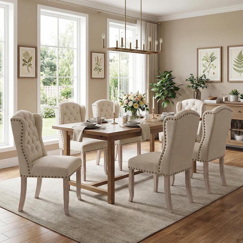 DUOMAY Modern Tufted Dining Chairs Set of 6, Linen Upholstered Dining Room Ch...
