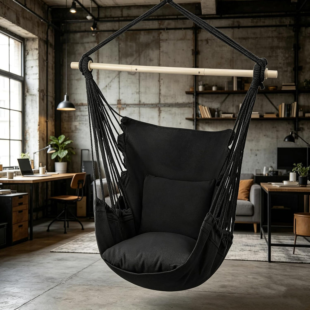 MoNiBloom Hammock Chair Hanging Rope Swing w/2 Cushions, Hold 350lbs, Black