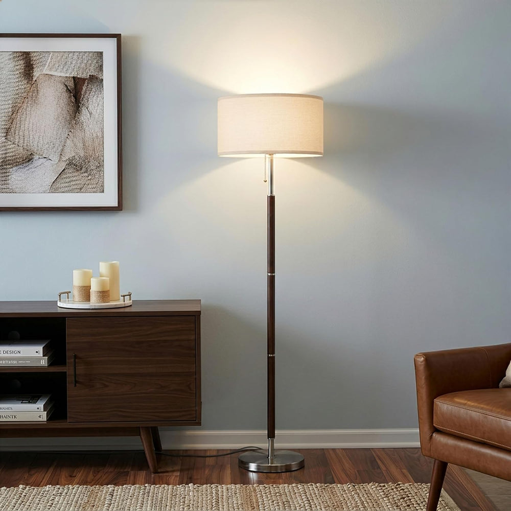Brightech Carter LED Floor Lamp, Drum Shade with Walnut Wood Finish, Great Li...