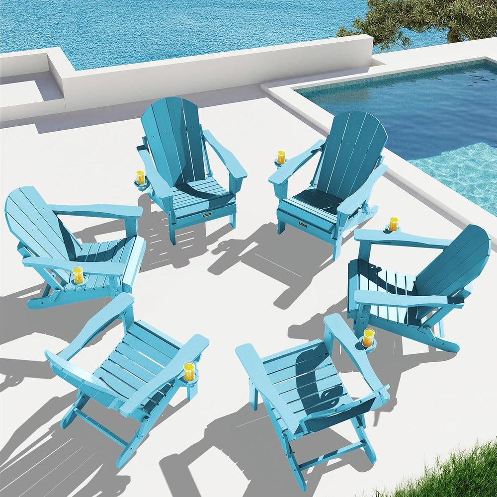 SERWALL Patio Folding Adirondack Chair Set of 2 with Cup Holder -Aruba Blue