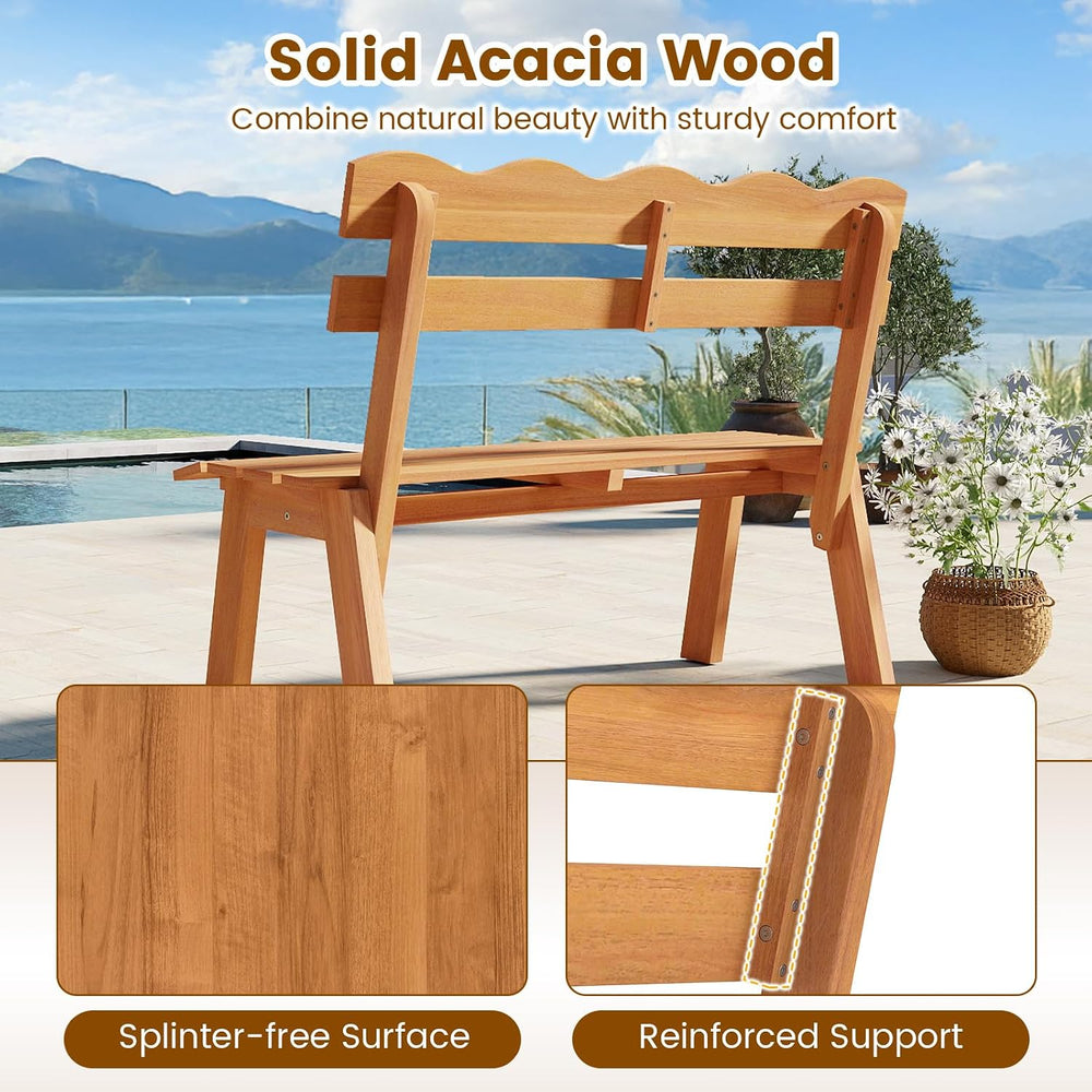 Tangkula Acacia Wood Outdoor Bench with Backrest, 2-Person Patio Garden Bench...