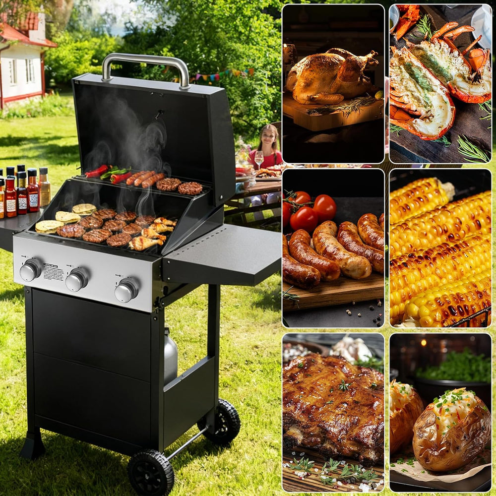 Veralune 3 Burner Gas Grill, Outdoor Propane Grill with Wheels, 445 SQ. IN