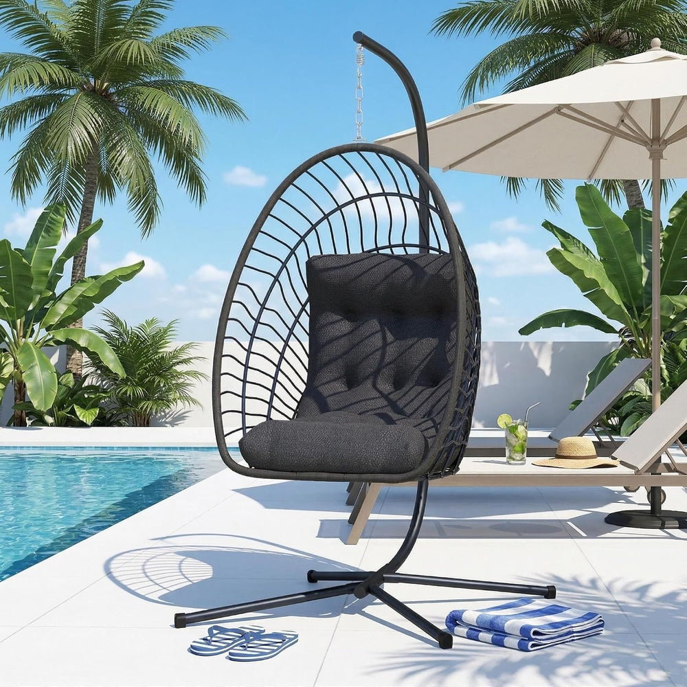 Kingdura Hanging Egg Chair with Stand Indoor Outdoor, Foldable Rattan Wicker ...