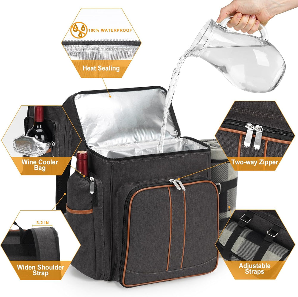 Picnic Backpack for 4, Insulated Cooler Bag with Blanket, Brown