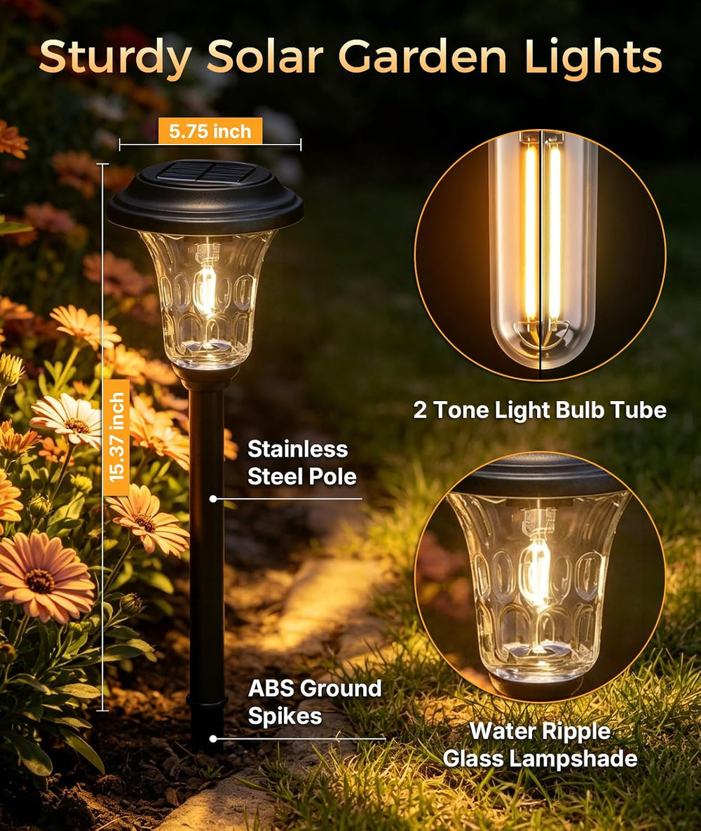 XMCOSY+ Solar Garden Lights 4 Pack, Metal Glass Solar Pathway Light Outdoor
