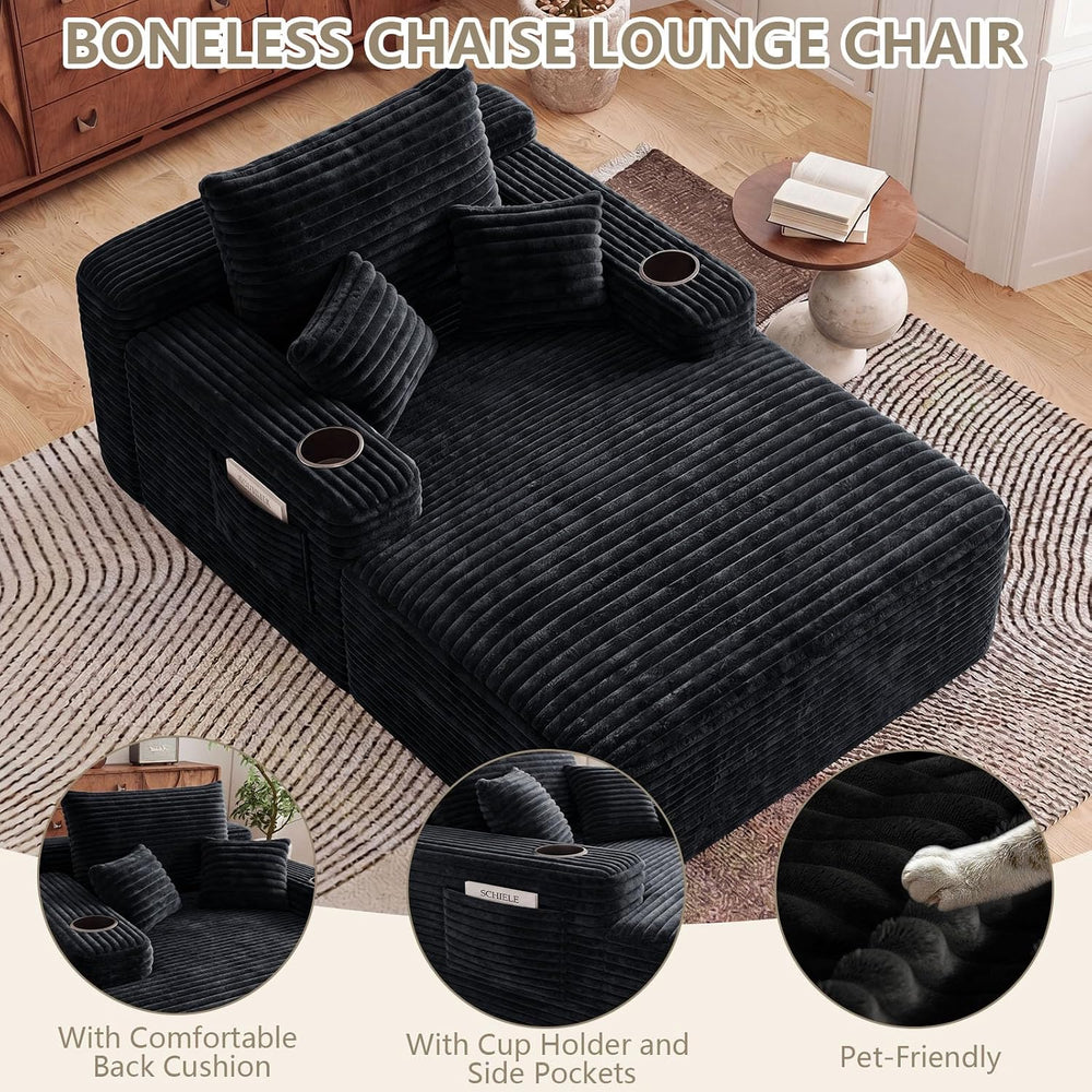 65" Chaise Lounge Chair Indoor with Cup Holders & Side Pocket, Overs...