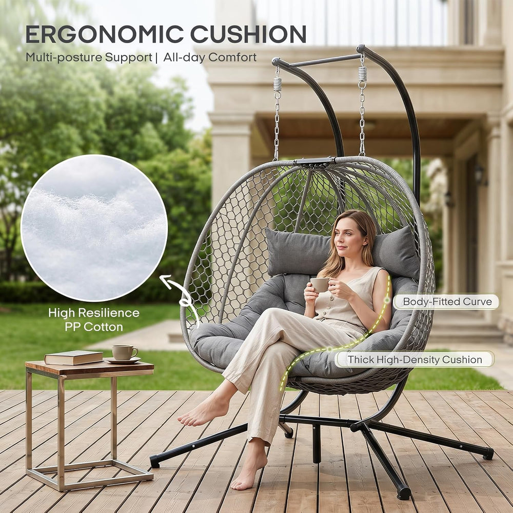 Double Egg Chair with Stand for 2 Persons, Oversized Patio Hanging Basket Cha...
