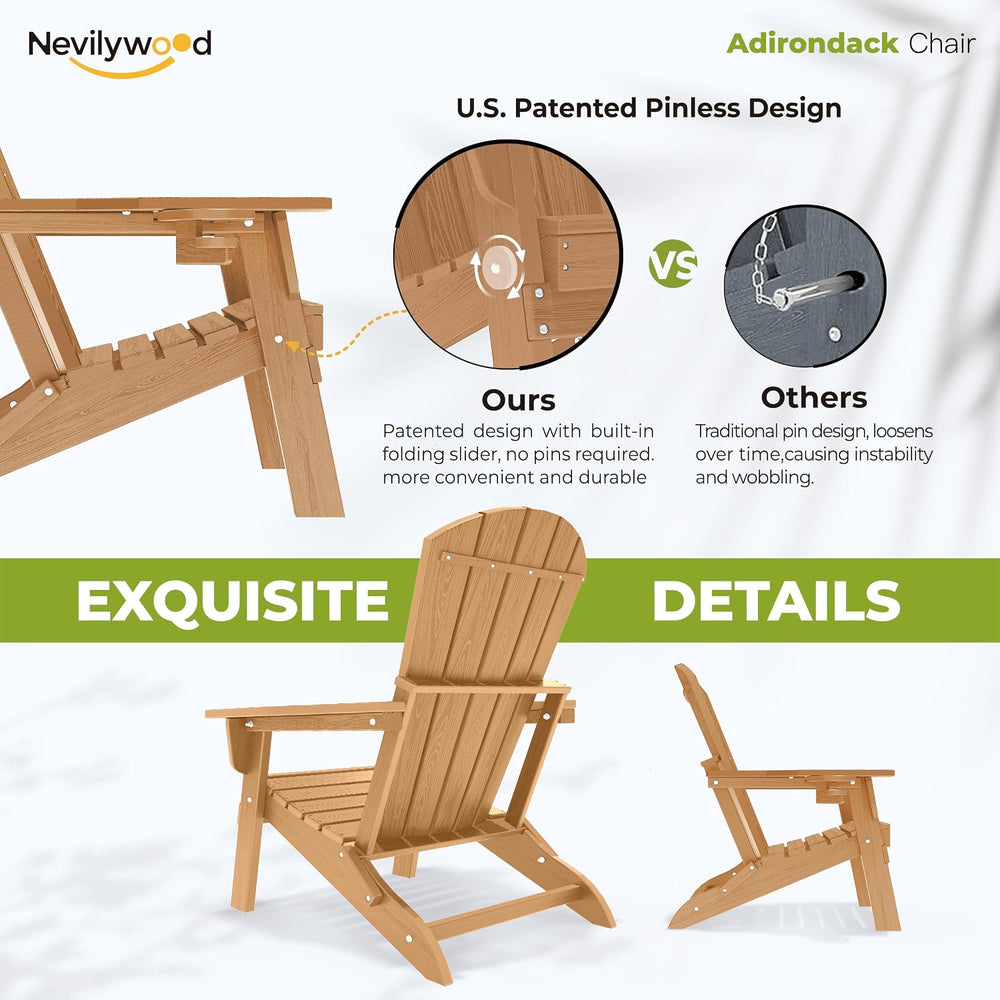 nevilywood Folding Adirondack Chair, HDPE Ergonomic Cup Holder, Teak
