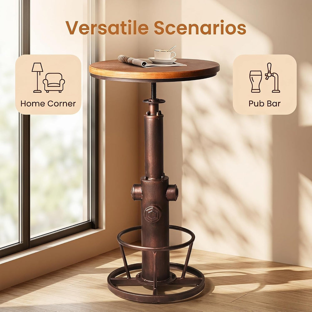 Industrial Bar Table Swivel Round Wooden Top Height Adjustable 38.6-44.4inch ...