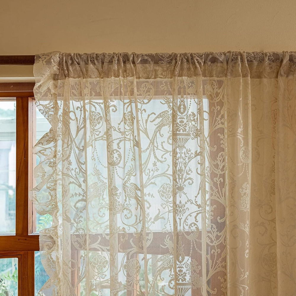 TUDECO Beige Lace Curtains 84 Inches Long, Vintage Ruffle, 2 Panels
