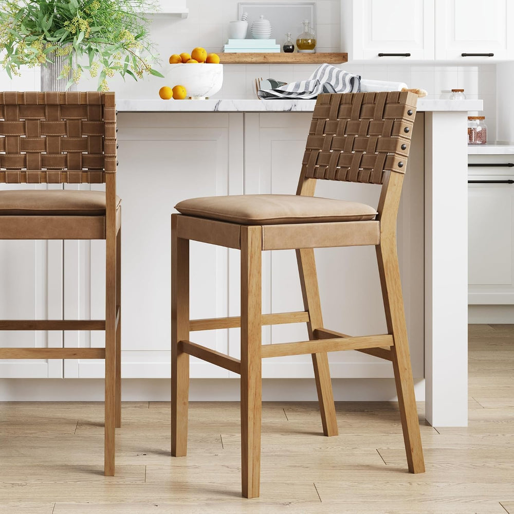 Nathan James Cohen Mid-Century Modern 29 in. Wood Bar Stool, Upholstered Faux...