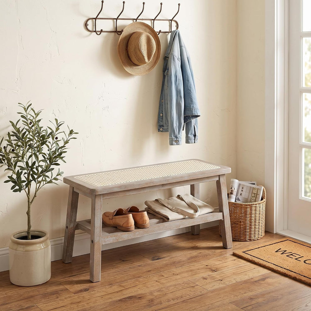 Shunzhi Rattan Entryway Bench with Shoe Rack Natural Wood Storage Bench Indoo...