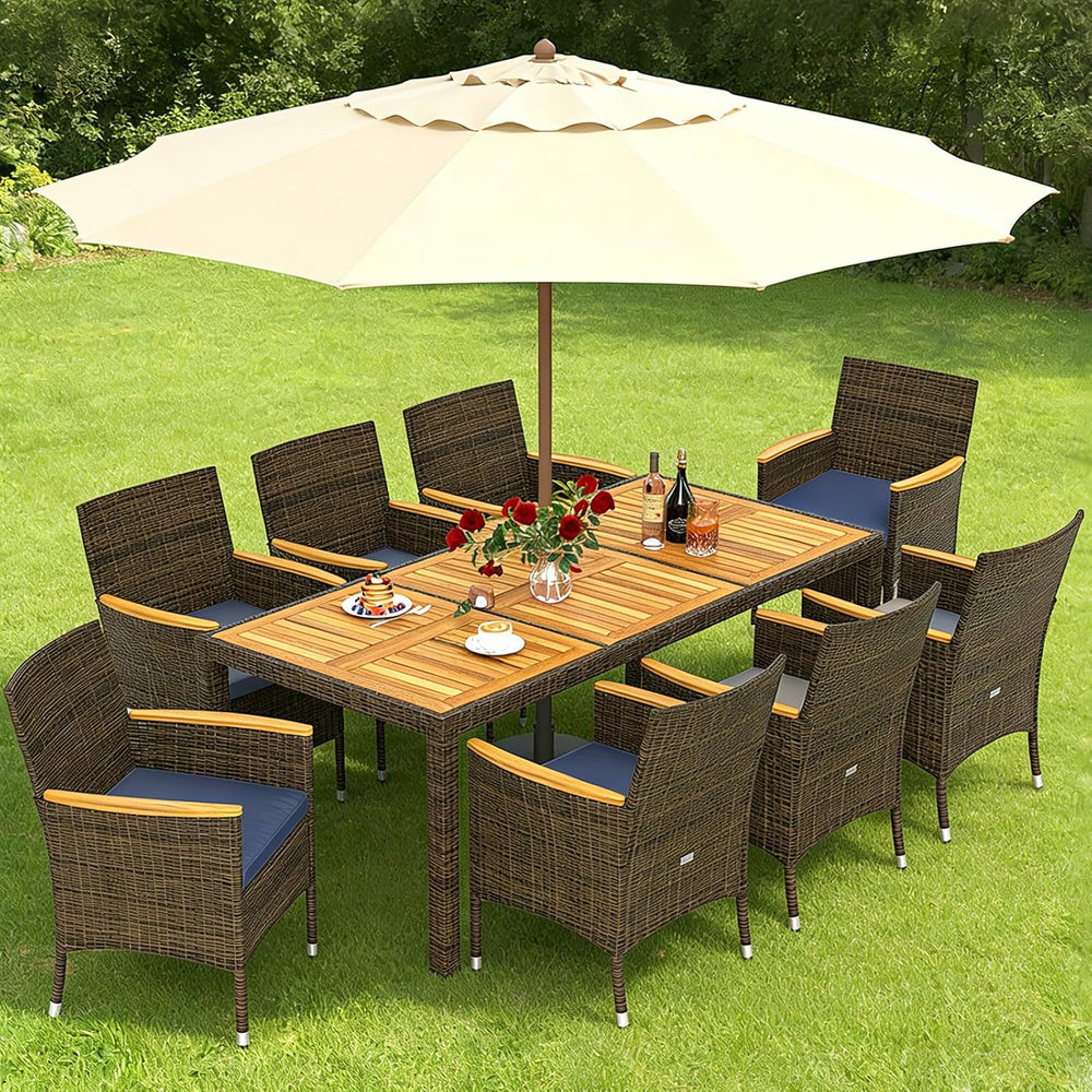 COSTWAY 9-Piece Patio Rattan Wicker Dining Set for 8 with Umbrella Hole