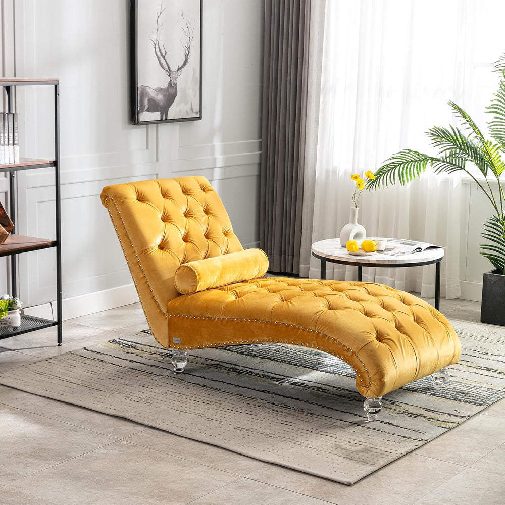 Chaise Lounge Chair Indoor Mustard Velvet Upholstered Button Tufted Chaise Lo...