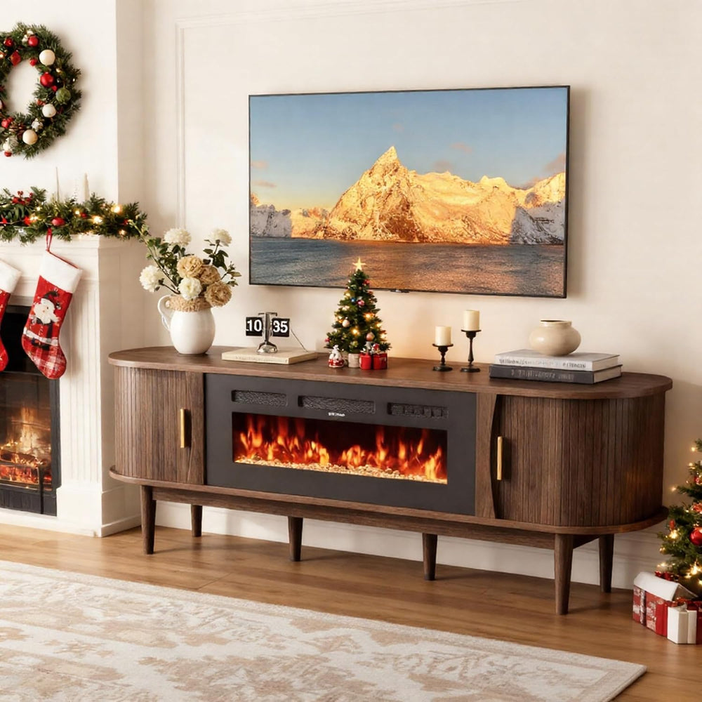 Decofy 70″ Fluted Fireplace TV Stand for 80″ TVs, Entertainment Center with F...