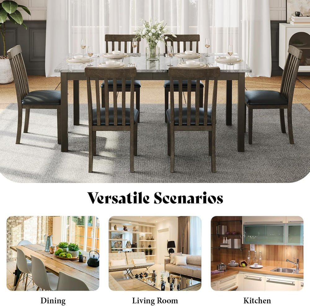 AMERLIFE 7-Piece Dining Table Set, 71" Faux Marble Modern Table, Dark Brown