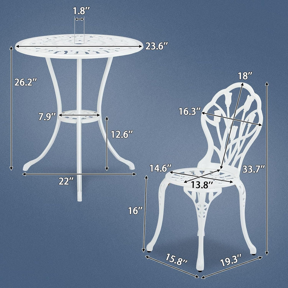 Outvita 3 Piece Cast Aluminum Bistro Set, Tulip Pattern White