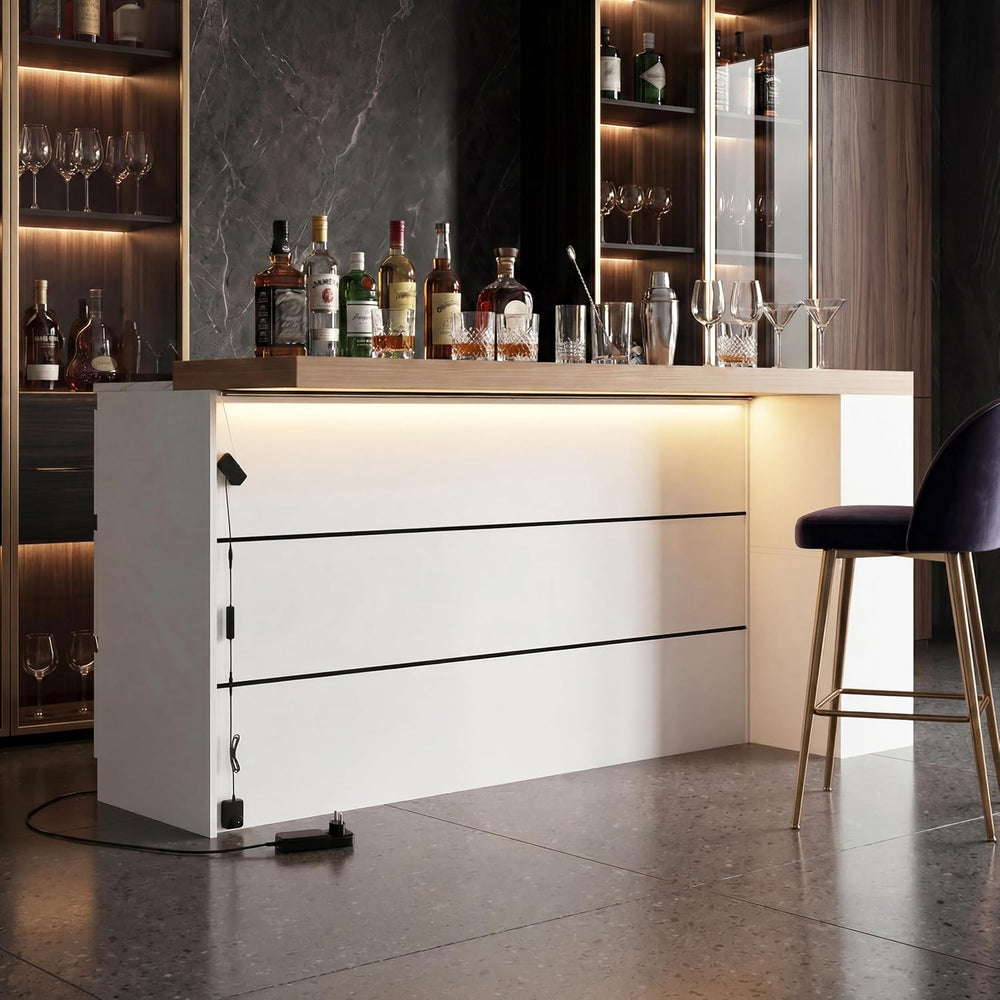82.7" Large Bar Table Kitchen Station, Home Bar Unit with Lighting, 3 Dr...