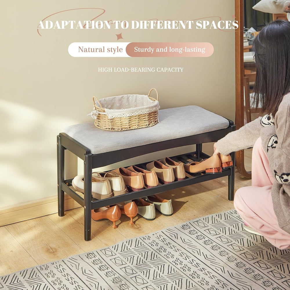 STDDRE Shoe Bench Entryway Bamboo 2-Tier Shoe Rack with Cushion Padded Seat S...
