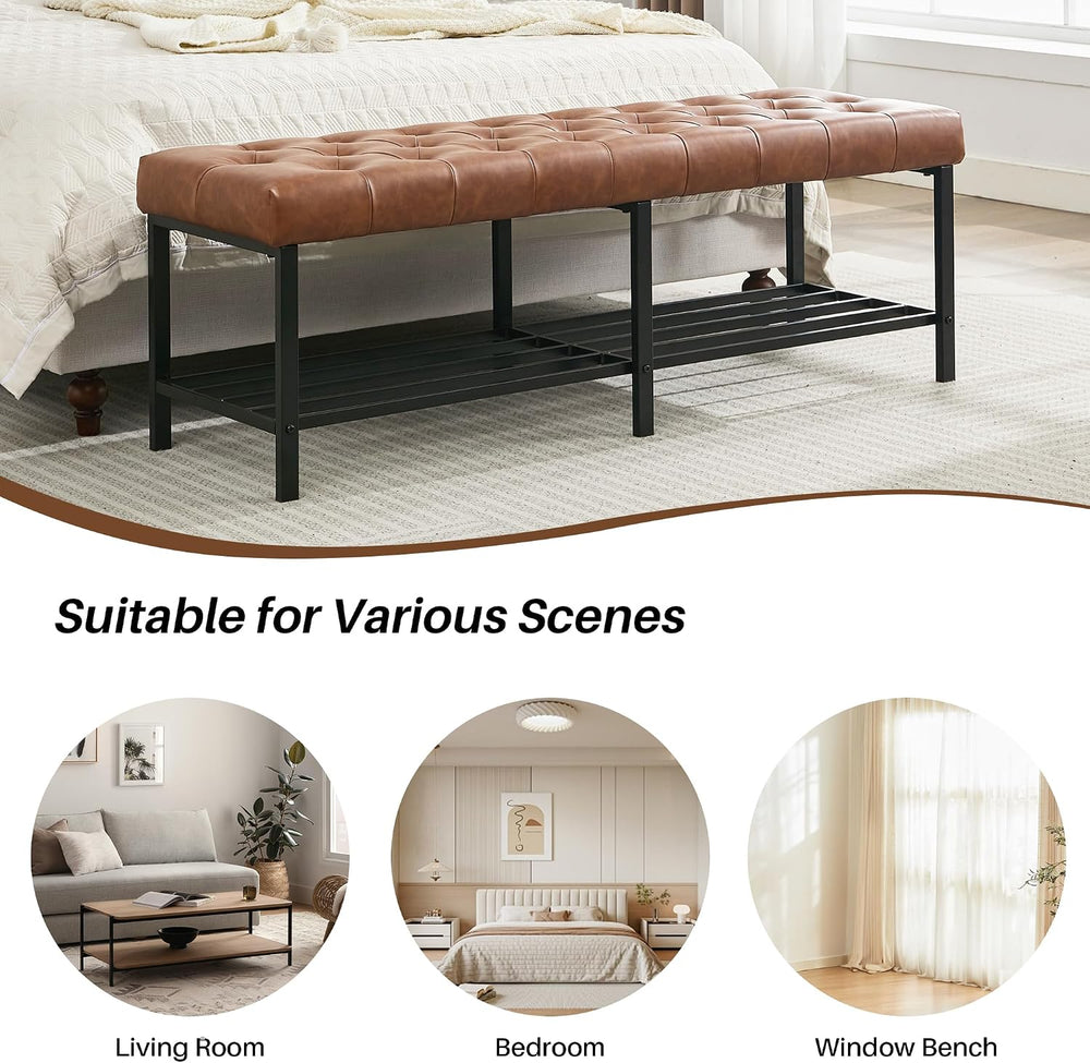 SOFTHION 55.5" End of Bed Bench, Faux Leather Entryway Bench, Brown