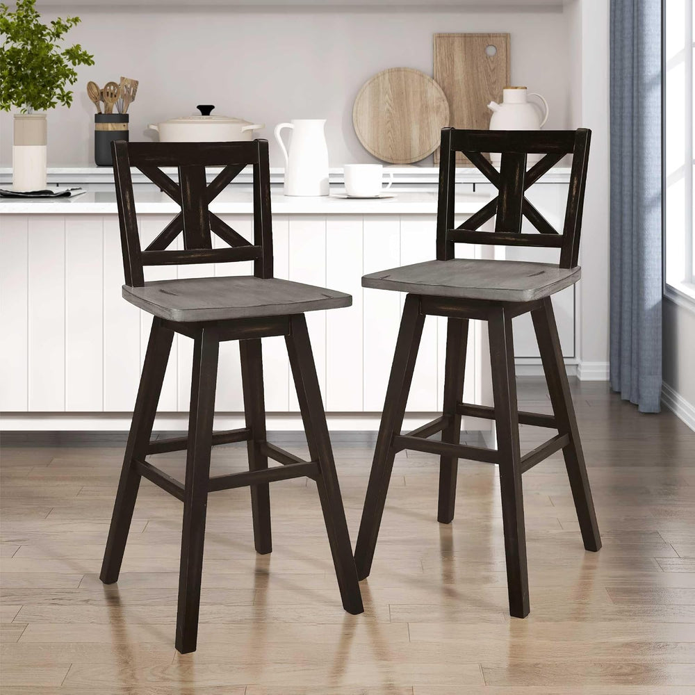 Lexicon Swivel Bar Height Stools Set of 2, X Back, Antique Black/Grey