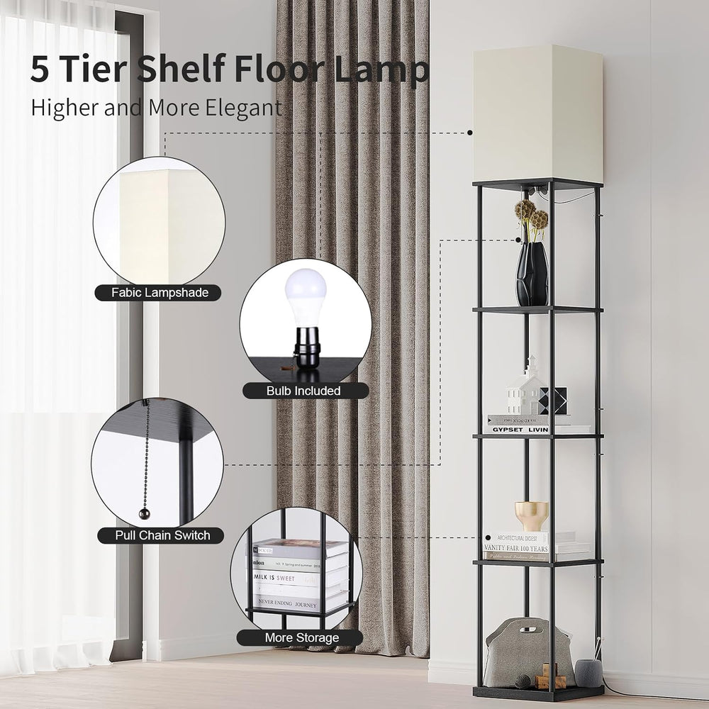 SUNMORY 5 Tier Floor Lamp with Shelves, Modern Square Standing Lamp with 3 Co...