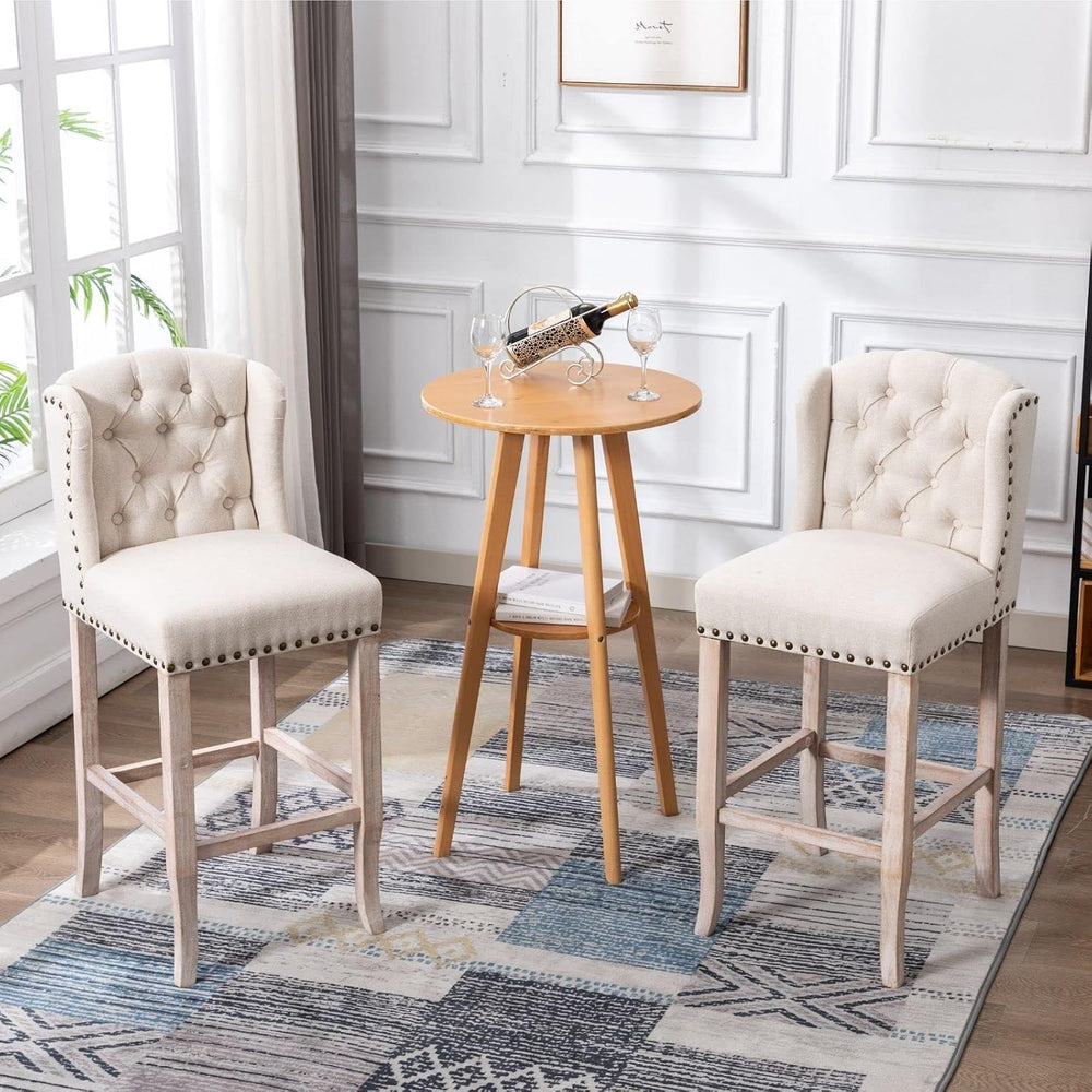 Classic 30" Linen Bar Stools Set of 2, Button Tufted Wingback Tall Bar C...